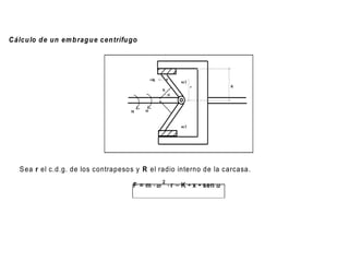 C álcu lo d e un em b rag u e cen trífu go

                                                       



                                                 cdg
                                                                 m/2
                                                                        r        R
                                                       K
                                                           
                                                                                     

                                        M    

                               
                                                                 m/2




                                                                 



   S ea r el c.d.g. de los contrapeso s y R el radio interno de la carcasa.

                                        F = m             r  K • x • sen 
                                                       2
 
