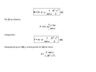3           3
                                                       1           R -r
                                M = 2  p  m                                         (II)
                                                   sen                    3

D e (I) se obtiene:

                                                       R
                                                            • d
                                        F = 2  p 
                                                       r   sen 


Integrando:
                                                                   2           2
                                                   1           R       -r
                                 F = 2  p                                          (III)
                                                sen                   2


D espejando p en (III) y sustituyendo en (II) se tiene:

                                                 F  sen 
                                         p=
                                                  (R - r )
                                                           2       2
 