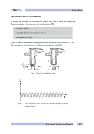 Sistemas de Travagem Antibloqueio
Sistema Bosch
2.7
SENSORES DE ROTAÇÃO DAS RODAS
A função dos sensores de velocidade de rotação das rodas é medir três grandezas
fundamentais para o funcionamento correcto do sistema ABS:
Velocidade da roda
Aceleração da roda Desaceleração da roda
Desaceleração da roda
Como foi referido anteriormente, estas grandezas são transmitidas pelos sensores à UCCE.
Esta analisa-os e de acordo com o resultado envia instruções à UCCEH.
Fig. 2.8 – Sensor de rotação das rodas
Graf. 2.1 - Sinais transmitidos pelos sensores de velocidade (Gráfico função Ve-
		 locidade /Tempo)
 