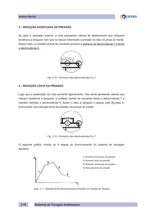 Sistemas de Travagem Antibloqueio
Sistema Bendix
3.10
3 – REDUÇÃO ACENTUADA DA PRESSÃO
Se após a operação anterior, a roda apresentar valores de deslizamento que indiquem
tendência a bloquear, tem que se reduzir fortemente a pressão do óleo na pinça do travão.
Deste modo, a unidade central de comando provoca a abertura da electroválvula 7 e fecha
a electroválvula 6 .
Fig. 3.14 - Pormenor das electroválvulas 6 e 7
4 – REDUÇÃO LENTA DA PRESSÃO
Logo que a aceleração da roda aumente ligeiramente, mas ainda apresente valores que
indicam tendência a bloquear, a unidade central de comando fecha a electroválvula 7 e
mantém fechada a electroválvula 6. Assim o óleo é obrigado a passar pelo By-pass A,
provocando uma redução lenta da pressão nas pinças do travão.
Fig. 3.15 - Pormenor das electroválvulas 6 e 7
O seguinte gráfico mostra as 4 etapas do funcionamento do sistema de travagem
dianteiro:
1. Aumento acentuado da pressão
2. Aumento lento da pressão
3. Redução acentuada da pressão
4. Redução lenta da pressão
Graf. 3.1 – Sequência de funcionamento (Pressão em função do Tempo)
 