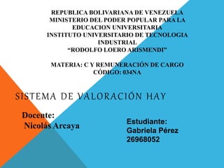 REPUBLICA BOLIVARIANA DE VENEZUELA
MINISTERIO DEL PODER POPULAR PARA LA
EDUCACION UNIVERSITARIA
INSTITUTO UNIVERSITARIO DE TECNOLOGIA
INDUSTRIAL
“RODOLFO LOERO ARISMENDI”
MATERIA: C Y REMUNERACIÓN DE CARGO
CÓDIGO: 034NA
SISTEMA DE VALORACIÓN HAY
Docente:
Nicolás Arcaya
Estudiante:
Gabriela Pérez
26968052
 