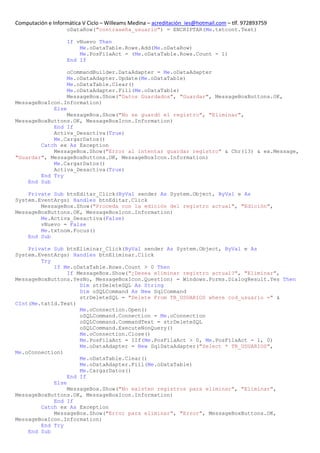 Computación e Informática V Ciclo – Willeams Medina – acreditación_ies@hotmail.com – tlf. 972893759
                    oDataRow("contraseña_usuario") = ENCRIPTAR(Me.txtcont.Text)

                    If vNuevo Then
                        Me.oDataTable.Rows.Add(Me.oDataRow)
                        Me.PosFilaAct = (Me.oDataTable.Rows.Count - 1)
                    End If

                 oCommandBuilder.DataAdapter = Me.oDataAdapter
                 Me.oDataAdapter.Update(Me.oDataTable)
                 Me.oDataTable.Clear()
                 Me.oDataAdapter.Fill(Me.oDataTable)
                 MessageBox.Show("Datos Guardados", "Guardar", MessageBoxButtons.OK,
MessageBoxIcon.Information)
            Else
                 MessageBox.Show("No se guardó el registro", "Eliminar",
MessageBoxButtons.OK, MessageBoxIcon.Information)
            End If
            Activa_Desactiva(True)
            Me.CargarDatos()
        Catch ex As Exception
            MessageBox.Show("Error al intentar guardar registro" & Chr(13) & ex.Message,
"Guardar", MessageBoxButtons.OK, MessageBoxIcon.Information)
            Me.CargarDatos()
            Activa_Desactiva(True)
        End Try
    End Sub

    Private Sub btnEditar_Click(ByVal sender As System.Object, ByVal e As
System.EventArgs) Handles btnEditar.Click
        MessageBox.Show("Proceda con la edición del registro actual", "Edición",
MessageBoxButtons.OK, MessageBoxIcon.Information)
        Me.Activa_Desactiva(False)
        vNuevo = False
        Me.txtnom.Focus()
    End Sub

    Private Sub btnEliminar_Click(ByVal sender As System.Object, ByVal e As
System.EventArgs) Handles btnEliminar.Click
        Try
            If Me.oDataTable.Rows.Count > 0 Then
                 If MessageBox.Show("¿Desea eliminar registro actual?", "Eliminar",
MessageBoxButtons.YesNo, MessageBoxIcon.Question) = Windows.Forms.DialogResult.Yes Then
                     Dim strDeleteSQL As String
                     Dim oSQLCommand As New SqlCommand
                     strDeleteSQL = "Delete From TB_USUARIOS where cod_usuario =" &
CInt(Me.txtId.Text)
                     Me.oConnection.Open()
                     oSQLCommand.Connection = Me.oConnection
                     oSQLCommand.CommandText = strDeleteSQL
                     oSQLCommand.ExecuteNonQuery()
                     Me.oConnection.Close()
                     Me.PosFilaAct = IIf(Me.PosFilaAct > 0, Me.PosFilaAct - 1, 0)
                     Me.oDataAdapter = New SqlDataAdapter("Select * TB_USUARIOS",
Me.oConnection)
                     Me.oDataTable.Clear()
                     Me.oDataAdapter.Fill(Me.oDataTable)
                     Me.CargarDatos()
                 End If
            Else
                 MessageBox.Show("No existen registros para eliminar", "Eliminar",
MessageBoxButtons.OK, MessageBoxIcon.Information)
            End If
        Catch ex As Exception
            MessageBox.Show("Error para eliminar", "Error", MessageBoxButtons.OK,
MessageBoxIcon.Information)
        End Try
    End Sub
 