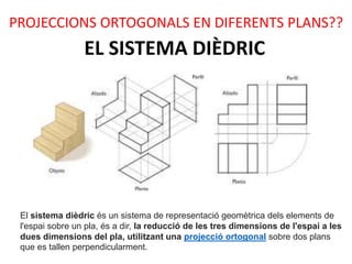 EL SISTEMA DIÈDRIC
El sistema dièdric és un sistema de representació geomètrica dels elements de
l'espai sobre un pla, és a dir, la reducció de les tres dimensions de l'espai a les
dues dimensions del pla, utilitzant una projecció ortogonal sobre dos plans
que es tallen perpendicularment.
PROJECCIONS ORTOGONALS EN DIFERENTS PLANS??
 