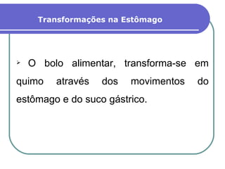 Transformações na Estômago O bolo alimentar, transforma-se em quimo através dos movimentos do estômago e do suco gástrico. 