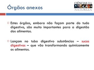 Órgãos anexos Estes órgãos, embora não façam parte do tudo digestivo, são muito importantes para a digestão dos alimentos.  Lançam no tubo digestivo substâncias –  sucos digestivos  – que vão transformando quimicamente os alimentos. 