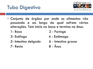 Tubo Digestivo Conjunto de órgãos por onde os alimentos vão passando e ao longo do qual sofrem várias alterações. Tem início na boca e termina no ânus.  1- Boca  2 - Faringe 3- Esófago  4 - Estômago 5- Intestino delgado  6 - Intestino grosso 7- Recto  8 - Ânus 