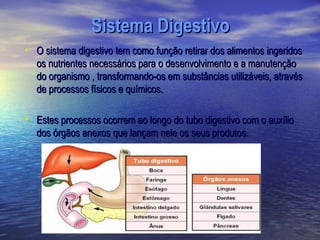Sistema Digestivo
• O sistema digestivo tem como função retirar dos alimentos ingeridos
  os nutrientes necessários para o desenvolvimento e a manutenção
  do organismo , transformando-os em substâncias utilizáveis, através
  de processos físicos e químicos.

• Estes processos ocorrem ao longo do tubo digestivo com o auxílio
  dos órgãos anexos que lançam nele os seus produtos.
 
