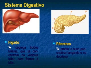 Sistema Digestivo




   Fígado                     Pâncreas
     segrega ácidos             produz o suco pan-
    biliares, que se con-       creático lançando-o no
    centram na vesicula         duodeno.
    biliar, para formar a
    bílis .
 