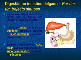 Digestão no intestino delgado - Por fim,
um trajecto sinuoso
   No intestino delgado ocorrem as
    últimas fases da digestão, mas
    também as mais importantes.

   Quando o quimo passa para o
    duodeno, estimula a secreção
    do suco intestinal que contém
    várias enzimas.

   Também o fígado lança o suco
    biliar, que não é enzimático, e o
    suco pancreático produzido
    no pâncreas.
 