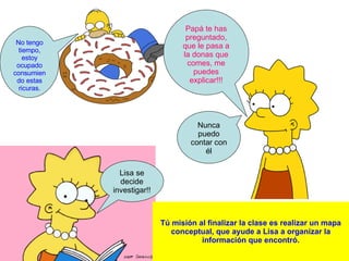 Tú misión al finalizar la clase es realizar un mapa conceptual, que ayude a Lisa a organizar la información que encontró. Papá te has preguntado, que le pasa a la donas que comes, me puedes explicar!!! No tengo tiempo, estoy ocupado consumiendo estas ricuras. Nunca puedo contar con él Lisa se decide investigar!! 