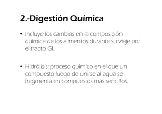 2.-Digestión Química
• Incluye los cambios en la composición
  química de los alimentos durante su viaje por
  el tracto GI.

• Hidrólisis: proceso químico en el que un
  compuesto luego de unirse al agua se
  fragmenta en compuestos más sencillos.
 