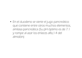 • En el duodeno se vierte el jugo pancreático
  que contiene entre otros muchos elementos,
  amilasa pancreática (Su pH óptimo es de 7.1
  y rompe al azar los enlaces alfa,1-4 del
  almidón)
 