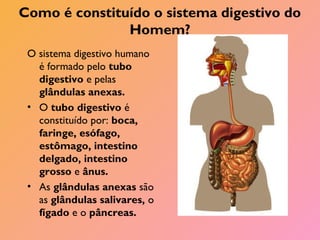 Como é constituído o sistema digestivo do
Homem?
O sistema digestivo humano
é formado pelo tubo
digestivo e pelas
glândulas anexas.
• O tubo digestivo é
constituído por: boca,
faringe, esófago,
estômago, intestino
delgado, intestino
grosso e ânus.
• As glândulas anexas são
as glândulas salivares, o
fígado e o pâncreas.
 