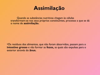 Assimilação
Quando as substâncias nutritivas chegam às células
transformam-se nos seus próprios constituintes, processo a que se dá
o nome de assimilação.
•Os resíduos dos alimentos, que não foram absorvidos, passam para o
intestino grosso e vão formar as fezes, as quais são expulsas para o
exterior através do ânus.
 