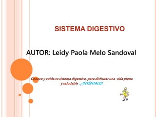 SISTEMA DIGESTIVO 
AUTOR: Leidy Paola Melo Sandoval 
Conoce y cuida tu sistema digestivo, para disfrutar una vida plena 
y saludable . ¡ INTÉNTALO! 
 
