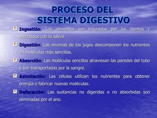 Ingestión: Los alimentos son triturados por los dientes y
mezclados con la saliva.
Digestión: Las enzimas de los jugos descomponen los nutrientes
en moléculas más sencillas.
Absorción: Las moléculas sencillas atraviesan las paredes del tubo
y son transportadas por la sangre.
Asimilación: Las células utilizan los nutrientes para obtener
energía o fabricar nuevas moléculas.
Defecación: Las sustancias no digeridas o no absorbidas son
eliminadas por el ano.
 