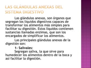 Las glándulas anexas, son órganos que
segregan los líquidos digestivos capaces de
transformar los alimentos más simples para
facilitar su digestión. Estos líquidos contienen
sustancias llamadas enzimas, que son los
encargados de simplificar los alimentos.
Las principales glándulas anexas de la
digestión son:
1- Salivales:
Segregan saliva, la que sirve para
humedecer los alimentos dentro de la boca y
así facilitar la digestión.
 
