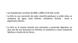 • Los hepatocitos secretan de 800 a 1000 ml de bilis al día.
• La bilis es una secreción de color amarillo pardusco o verde oliva, se
compone de agua, sales biliares, colesterol, lecitina iones y
pigmentos biliares.
• La bilis es al mismo tiempo una secreción y excreción digestiva, ya
que una de sus funciones es eliminar el colesterol y otras sustancias
lipídicas a través de las heces.
 
