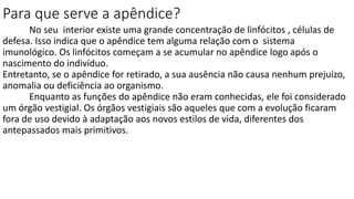 Para que serve a apêndice?
No seu interior existe uma grande concentração de linfócitos , células de
defesa. Isso indica que o apêndice tem alguma relação com o sistema
imunológico. Os linfócitos começam a se acumular no apêndice logo após o
nascimento do indivíduo.
Entretanto, se o apêndice for retirado, a sua ausência não causa nenhum prejuízo,
anomalia ou deficiência ao organismo.
Enquanto as funções do apêndice não eram conhecidas, ele foi considerado
um órgão vestigial. Os órgãos vestigiais são aqueles que com a evolução ficaram
fora de uso devido à adaptação aos novos estilos de vida, diferentes dos
antepassados mais primitivos.
 