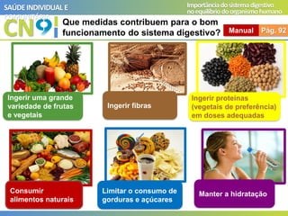 CN
SAÚDEINDIVIDUAL E
COMUNITÁRIA
Importânciadosistemadigestivo
noequilíbriodoorganismohumano
Que medidas contribuem para o bom
funcionamento do sistema digestivo?
Ingerir uma grande
variedade de frutas
e vegetais
Ingerir fibras
Manual Pág. 92
Limitar o consumo de
gorduras e açúcares
Consumir
alimentos naturais
Manter a hidratação
 