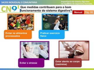 CN
SAÚDEINDIVIDUAL ECOMUNITÁRIA Importânciadosistemadigestivo
noequilíbriodoorganismohumano
Que medidas contribuem para o bom
funcionamento do sistema digestivo?
Evitar os alimentos
processados
Praticar exercício
físico
Manual Pág. 92
Evitar o stresse
Estar atento ao corpo
(rastreios)
 