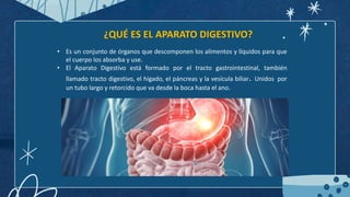 ¿QUÉ ES EL APARATO DIGESTIVO?
• Es un conjunto de órganos que descomponen los alimentos y líquidos para que
el cuerpo los absorba y use.
• El Aparato Digestivo está formado por el tracto gastrointestinal, también
llamado tracto digestivo, el hígado, el páncreas y la vesícula biliar. Unidos por
un tubo largo y retorcido que va desde la boca hasta el ano.
 