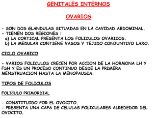GENITALES INTERNOS
OVARIOS
- SON DOS GLANDULAS SITUADAS EN LA CAVIDAD ABDOMINAL.
- TIENEN DOS REGIONES :
a) LA CORTICAL PRESENTA LOS FOLICULOS OVARICOS.
b) LA MEDULAR CONTIENE VASOS Y TEJIDO CONJUNTIVO LAXO.

CICLO OVARICO
- VARIOS FOLICULOS CRECEN POR ACCION DE LA HORMONA LH Y
FSH Y ES UN PROCESO CONTINUO DESDE LA PRIMERA
MENSTRUACION HASTA LA MENOPAUSIA.

TIPOS DE FOLICULOS
FOLICULO PRIMORDIAL

- CONSTITUIDO POR EL OVOCITO.
- PRESENTA UNA CAPA DE CELULAS FOLICULARES ALREDEDOR DEL
OVOCITO.

 