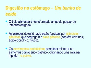 Digestão no estômago –  Um banho de ácido O bolo alimentar é transformado antes de passar ao intestino delgado. As paredes do estômago estão forradas por  glândulas gástricas  que segregam o  suco gástrico  (contém enzimas, ácido clorídrico, muco). Os  movimentos peristálticos  permitem misturar os alimentos com o suco gástrico, originando uma mistura líquida  – o quimo. 