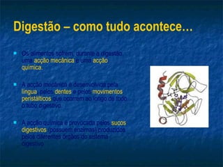 Digestão – como tudo acontece… Os alimentos sofrem, durante a digestão, uma  acção mecânica  e uma  acção química. A acção mecânica é desenvolvida pela  língua , pelos  dentes  e pelos  movimentos peristálticos  que ocorrem ao longo de todo o tubo digestivo. A acção química é provocada pelos  sucos digestivos  (possuem enzimas) produzidos pelos diferentes órgãos do sistema digestivo 