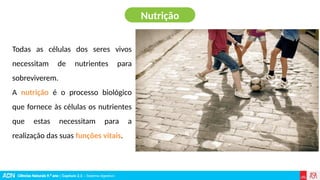 Ciências Naturais 9.º ano | Capítulo 2.3 – Sistema digestivo
Todas as células dos seres vivos
necessitam de nutrientes para
sobreviverem.
A nutrição é o processo biológico
que fornece às células os nutrientes
que estas necessitam para a
realização das suas funções vitais.
Nutrição
 