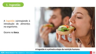Ciências Naturais 9.º ano | Capítulo 2.3 – Sistema digestivo
A ingestão corresponde à
introdução de alimentos
no organismo.
Ocorre na boca.
1. Ingestão
A ingestão é a primeira etapa da nutrição humana.
 