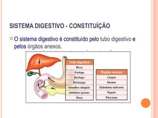 SISTEMA DIGESTIVO - CONSTITUÍÇÃO
O sistema digestivo é constituído pelo tubo digestivo e
 pelos órgãos anexos.
 