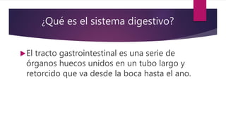 ¿Qué es el sistema digestivo?
El tracto gastrointestinal es una serie de
órganos huecos unidos en un tubo largo y
retorcido que va desde la boca hasta el ano.
 