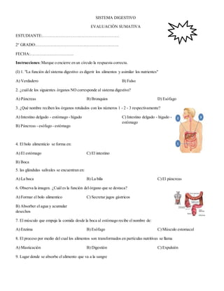 SISTEMA DIGESTIVO
EVALUACIÓN SUMATIVA
ESTUDIANTE:…………………………………………………
2° GRADO:…………………………………………………….
FECHA:…………………………..
Instrucciones:Marque o encierre en un círculo la respuesta correcta.
(I) 1. "La función del sistema digestivo es digerir los alimentos y asimilar los nutrientes"
A) Verdadero B) Falso
2. ¿cuálde los siguientes órganos NO corresponde al sistema digestivo?
A) Páncreas B) Bronquios D) Esófago
3. ¿Qué nombre reciben los órganos rotulados con los números 1 - 2 - 3 respectivamente?
A) Intestino delgado - estómago - hígado
B) Páncreas - esófago - estómago
C) Intestino delgado - hígado -
estómago
4. El bolo alimenticio se forma en:
A) El estómago
B) Boca
C) El intestino
5. las glándulas salivales se encuentran en:
A) La boca B) La bilis C) El páncreas
6. Observa la imagen. ¿Cuál es la función del órgano que se destaca?
A) Formar el bolo alimentico
B) Absorber el agua y acumular
desechos
C) Secretar jugos gástricos
7. El músculo que empuja la comida desde la boca al estómago recibe el nombre de:
A) Enzima B) Esófago C) Músculo estomacal
8. El proceso por medio del cual los alimentos son transformados en partículas nutritivas se llama
A) Masticación B) Digestión C) Expulsión
9. Lugar donde se absorbe el alimento que va a la sangre
 