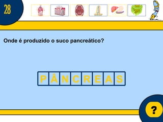 Núcleo de estágio de Biologia/Geologia ? Onde é produzido o suco pancreático? 28 P Â N C R E A S 