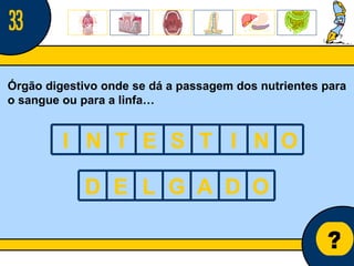 Núcleo de estágio de Biologia/Geologia ? 33 Órgão digestivo onde se dá a passagem dos nutrientes para o sangue ou para a linfa… I N T E S T I N O D E L G A D O 