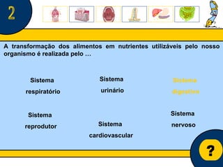 Núcleo de estágio de Biologia/Geologia ? 2 A transformação dos alimentos em nutrientes utilizáveis pelo nosso organismo é realizada pelo … Sistema  nervoso Sistema  respiratório Sistema   digestivo Sistema urinário Sistema  cardiovascular Sistema  reprodutor 