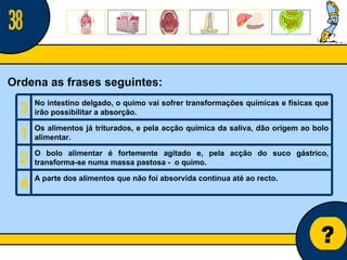 Núcleo de estágio de Biologia/Geologia ? Ordena as frases seguintes: 38 3 No intestino delgado, o quimo vai sofrer transformações químicas e físicas que irão possibilitar a absorção. 1 Os alimentos já triturados, e pela acção química da saliva, dão origem ao bolo alimentar. 2 O bolo alimentar é fortemente agitado e, pela acção do suco gástrico, transforma-se numa massa pastosa -  o quimo. 4 A parte dos alimentos que não foi absorvida continua até ao recto. 