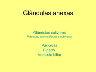 Glândulas anexas Glândulas salivares  Parótidas, submandibular e sublingual Pâncreas Fígado  Vesícula biliar 