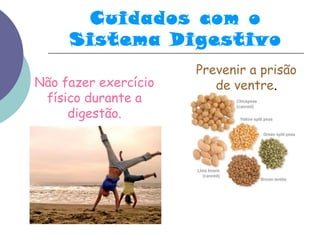 Cuidados com o 
Sistema Digestivo 
Prevenir a prisão 
Não fazer exercício de ventre. 
físico durante a 
digestão. 
