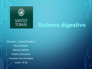 Sistema digestivo 
Alumnos: J Carlos Parada C 
Rosa Pereira. 
Mónica Valdivia 
Antonio Zamorano 
Docente :Ema Hinojosa 
Curso : E 64 
 