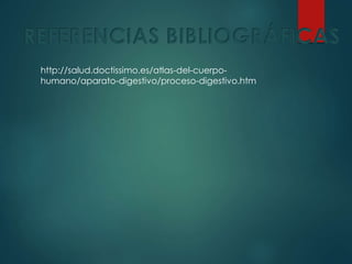REFERENCIAS BIBLIOGRÁFICAS
http://salud.doctissimo.es/atlas-del-cuerpo-
humano/aparato-digestivo/proceso-digestivo.htm
 