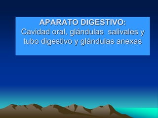 APARATO DIGESTIVO:
Cavidad oral, glándulas salivales y
tubo digestivo y glándulas anexas
 