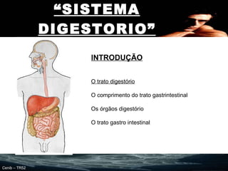 “ SISTEMA DIGESTORIO” Cenib – TR52 INTRODUÇÃO O trato digestório   O comprimento do trato gastrintestinal  Os órgãos digestório  O trato gastro intestinal  