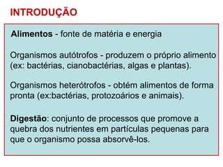 INTRODUÇÃO

Alimentos - fonte de matéria e energia

Organismos autótrofos - produzem o próprio alimento
(ex: bactérias, cianobactérias, algas e plantas).

Organismos heterótrofos - obtém alimentos de forma
pronta (ex:bactérias, protozoários e animais).

Digestão: conjunto de processos que promove a
quebra dos nutrientes em partículas pequenas para
que o organismo possa absorvê-los.
 