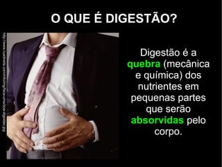 O QUE É DIGESTÃO?
Digestão é a
quebra (mecânica
e química) dos
nutrientes em
pequenas partes
que serão
absorvidas pelo
corpo.
http://www.ruadireita.com/info/img/faca-uma-boa-digestao.jpg
 