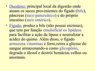 • Duodeno: principal local da digestão onde
atuam os sucos provenientes do fígado (bile),
pâncreas (suco pancreático) e do próprio
intestino (suco entérico).
• Fígado: produz a bile (não possui enzimas),
que tem por função emulsificar os lipídeos
para facilitar a ação da lipase e neutralizar a
acidez do quimo. Além disso, o fígado
armazena vitaminas e ferro,retira a glicose do
sangue armazenando-a como glicogênio,
degrada o álcool e destrói hemácias velhas ou
anormais.
 