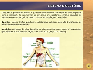 3
SISTEMA DIGESTÓRIOSISTEMA DIGESTÓRIO
Conjunto e processos físicos e químicos que ocorrem ao longo do tubo digestivo
com a finalidade de transformar os alimentos em substância simples, capazes de
passar à corrente sanguínea para posteriormente atingirem as células.
Química: alguns órgãos produzem substancias químicas que vão transformar os
alimentos nos seus nutrientes.
Mecânica: Ao longo do tubo digestivo os alimentos vão sofrer forças e movimentos
que facilitam a sua transformação. Exemplo: boca (força dos dentes).
 