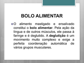 BOLO ALIMENTAR
O alimento mastigado e ensalivado
constitui o bolo alimentar. Pela ação da
língua e de outros músculos, ele passa à
faringe e é deglutido. A deglutição é um
movimento muito complexo e exige a
perfeita coordenação automática de
vários grupos musculares.
 