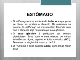 ESTÔMAGO
 O estômago é uma espécie de bolsa oca que pode
se dilatar ao receber o alimento. Os músculos da
parede do estômago se movimentam fazendo com
que o alimento seja misturado ao suco gástrico.
 O suco gástrico é produzido por células
glandulares. Esse suco é uma mistura de várias
substâncias: água, pepsina e ácido clorídrico (HCl).
Tem uma produção diária aprox. de 2 l.
 O HCl torna o suco gástrico ácido, com pH ao redor
de 2.
 